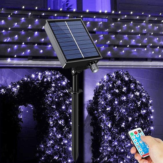 Guirlande lumineuse solaire 1,5 x 1,5 m, pour lextérieur, dimmable, étanche, 100 LED, 8 modes, minuterie, décoration IP65 pour jardin, balcon, arbre, blanc froid