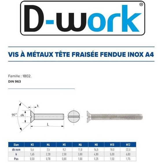 100 Vis Métaux Tête Fraisée Fendue 8 x 40 mm - DIN 963 - Inox A4 - D-Work