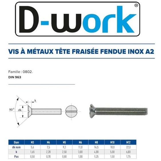 100 Vis Métaux Tête Fraisée Fendue 8 x 60 mm - DIN 963 - Inox A2 - D-Work