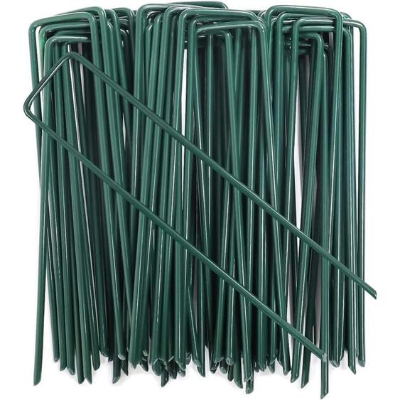 100PCS Piquets de Fixation en Acier Galvanisé Vert, Ancrage au Sol de Jardin en Forme de U pour Toile de Paillage, 150x25mm, Ø 3mm, Vert