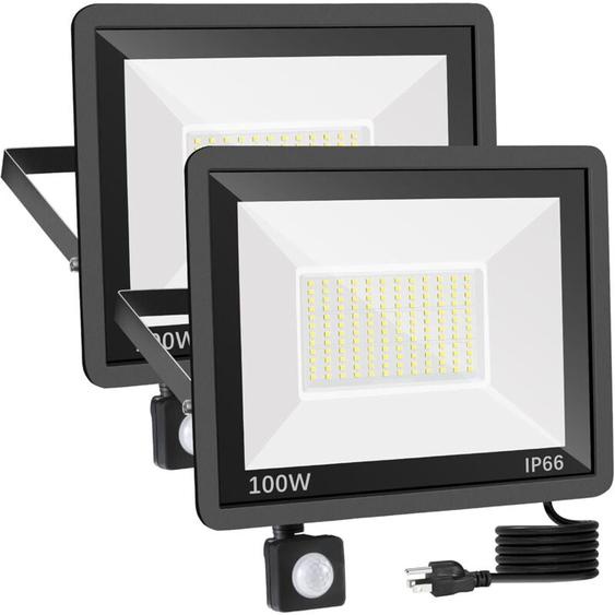 100W Projecteur LED Exterieur Detecteur de Mouvement 2 Pièce, IP66 Étanche Spot LED Avec Détecteur, 11500LM 6500K Blanc Froid Eclairage Exterieur,
