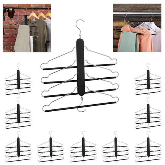 10x Cintres multiples, 4x chaque avec traverse pour pantalon, bois, métal, porte-chemises, peu encombrant, armoire, noir