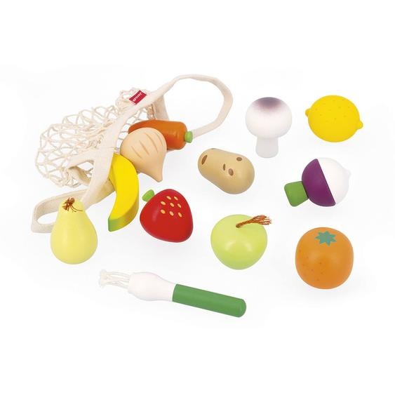 12 Fruits Et Légumes En Bois Avec Filet Multicolore