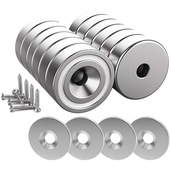 Aougo - 12 pièces Aimants en néodyme 10 kg force 20 x 7 mm avec trou et capsule, aimant en pot fraisé avec vis et 12 coussins en acier (Argent