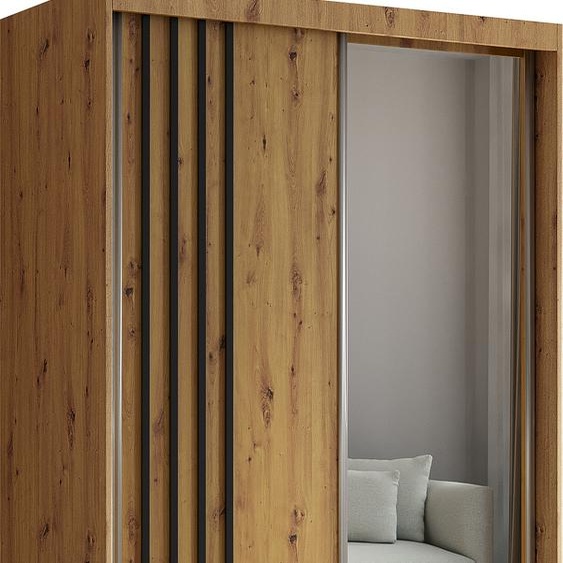 120 cm Armoire Neli avec lamelles et miroir y compris 2 portes coulissantes Armoire à portes coulissantes (Couleur : Artisan, Artisan, lamelle noir)