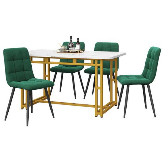 120x70cm Table De Salle À Manger En Or Avec 4 Chaises Table De Cuisine Moderne Chaise De Salle À Manger En Velours Vert Foncé, Doré