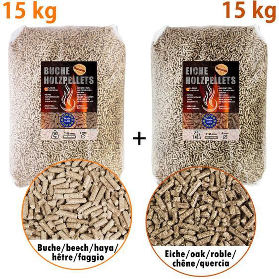 15 kg de Granulés Pellets de Chêne + 15 kg de Granulés Pellets de Hêtre Granulés de bois bbq Gril Fumée Copeaux Flameup