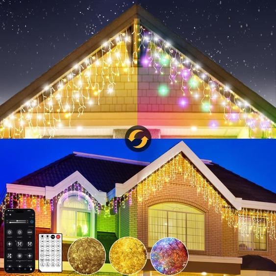 15m Guirlande Lumineuse Extérieure Noël, Decoration Noel Exterieur Blanc Chaud et RGB, Lumineux Noël Extérieur avec Télécommande et Application, 17 Modes+4 Luminosités+Minuterie (15M-600L,C/RGB)