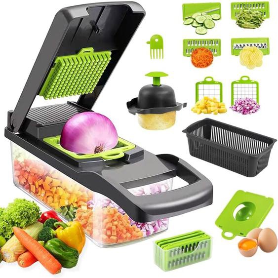Coavas - 16 en 1 Mandoline Cuisine Kit, Coupe Decoupe Legumes Multifonctions, Legumes Manuel à 7 Lames Remplaçables Vegetable Chopper, Coupe Legume