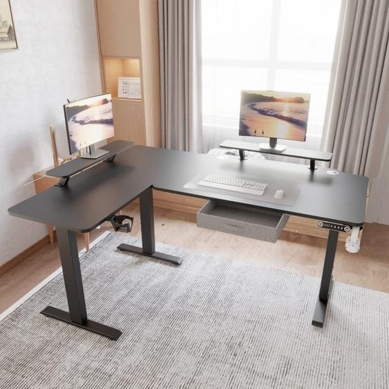 160cm Bureau électrique Bureau électrique réglable en hauteur Bureau dangle Bureau debout en forme de bureau Bureau avec support de moniteur et tiroir, noir