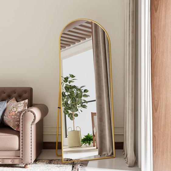165 x 60 cm Miroir sur Pied, Grand Miroir Arqué en Pleine Longueur avec Cadre en Aluminium Doré, Miroir Mural sur Pied