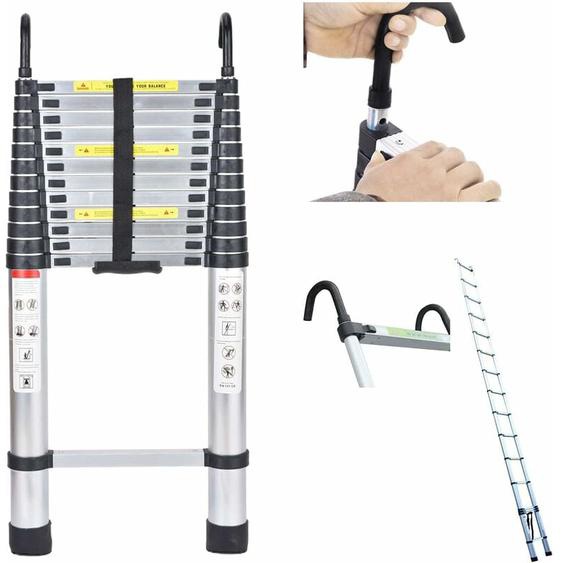 Hsha - 16ft Échelle Télescopique 5M en Aluminium Argent avec Crochets de Toit Telescopic Ladder Bricolage Pliable Extensible Ladder Charge 330lbs