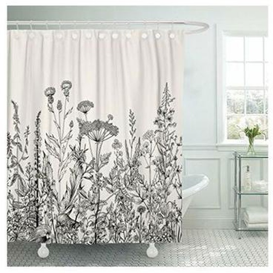 180*180CM Rideau de Douche Floral Bordure Herbes et Fleurs Sauvages Botanique Vintage Gravure Noir Tissu Polyester Imperméable