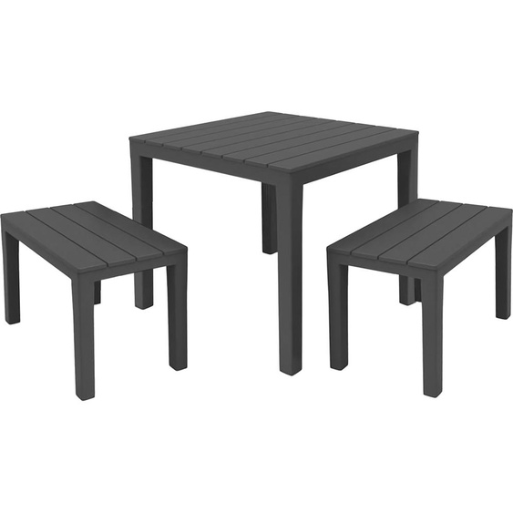 2.03 Ensemble de meubles de jardin PAPUA - Table 78x78 cm avec 2 bancs - Meubles de jardin anthracite
