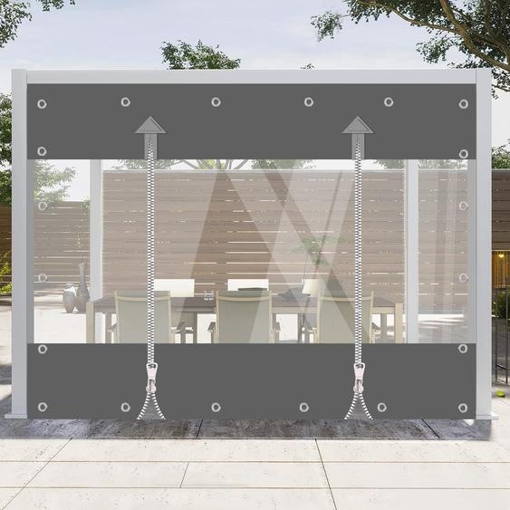 (2.4x4.5M) Rideaux dextérieur en PVC transparent avec fermeture éclair, 650 g/m² Bâche transparente imperméable avec illets de 30 mm, Rideaux de séparation résistants aux intempéries pour terrasse, véranda, pergola, garage et mobilier de jardinGris