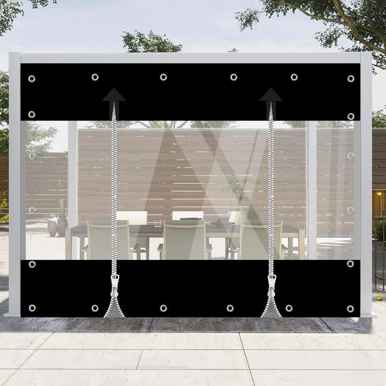 (2.4x5M) Rideaux dextérieur en PVC transparent avec fermeture éclair, 650 g/m² Bâche transparente imperméable avec illets de 30 mm, Rideaux de séparation résistants aux intempéries pour terrasse, véranda, pergola, garage et meubles de jardinNoir