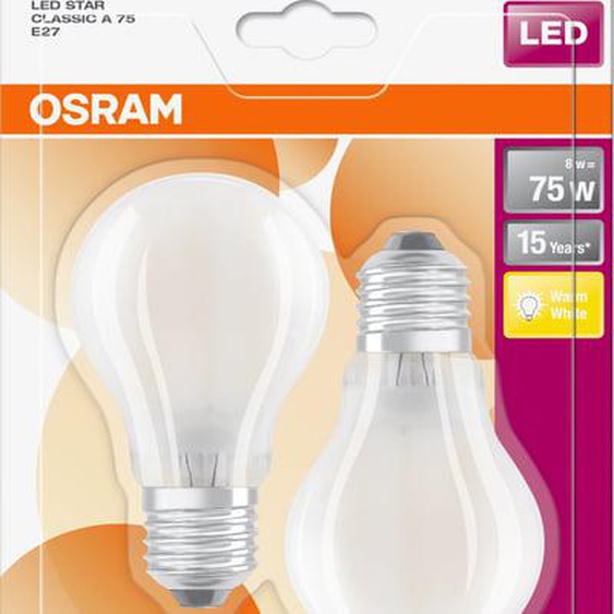 2 ampoules standard LED verre dépoli 8W blanc chaud