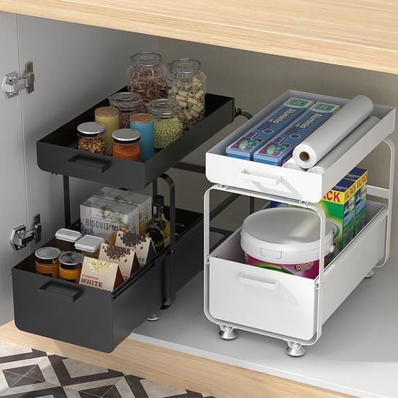 2*Étagère de cuisine avec 2 paniers coulissants Étagère basse Étagère à épices