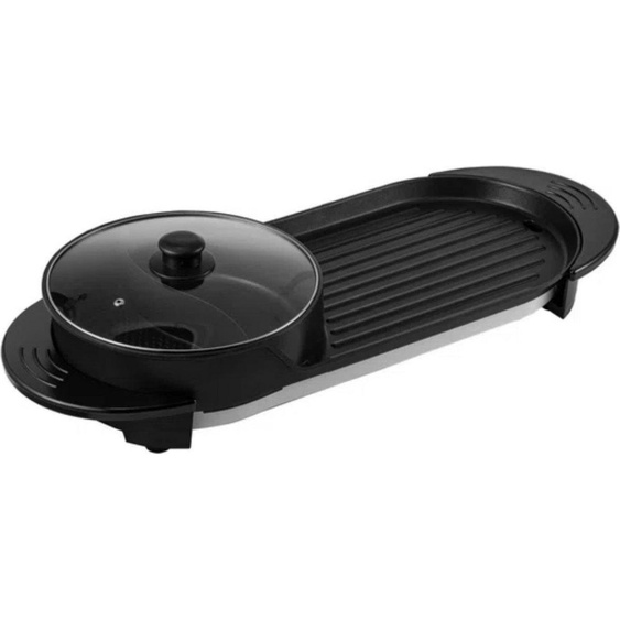 2-in-1 Grill & Gourmet Hot Pot - Electrique 2200W - Hotpot & Fonction Gril - 5 Vitesses - Anti-adhésif - Pour 2-8 personnes - Noir
