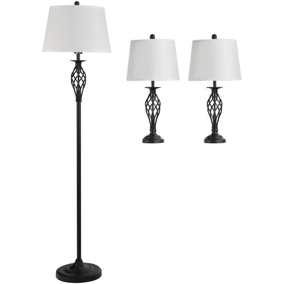 2 lampes de table + 1 lampe sur pied, ensemble de 3 lampes vintage, abat-jour en tissu, métal, noir et blanc | Interrupteur au pied | Douille E27, max. 40W | ø38 x H158 cm