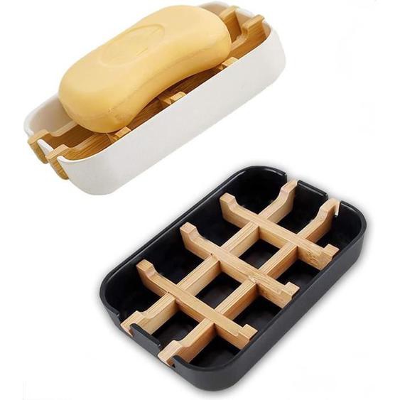 2 Pcs Porte Savon Douche Bambou, Boite a Savon, Boîte À Savon Bambou, Bois Avec Plateau Égouttoir Grille De Savon En Bambou