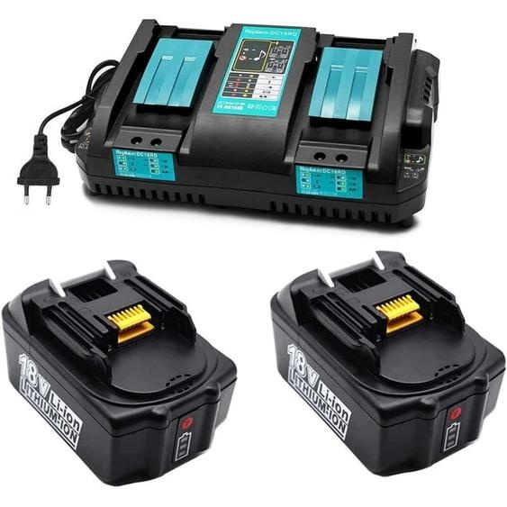 2 Pièces Batterie BL1850B + Chargeur Double DC18RD compatible avec Makita 18V (5,0Ah) - Modèles BL1850, BL1860B, BL1860, BL1815, BL1830, BL1840 et