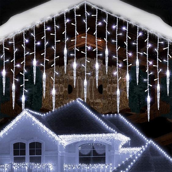 2 pièces LED Chaîne lumineuse Pluie de glace Cônes de glace, Rideau lumineux Blanc froid 8 modes Fonction mémoire, Éclairage de Noël Décoration Balcon Fenêtre