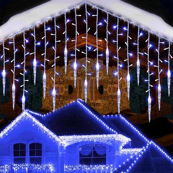 2 pièces LED Chaîne lumineuse Pluie glacée Cônes de glace, Rideau lumineux bleu 8 modes Fonction mémoire, Eclairage de Noël Décoration Balcon Fenêtre