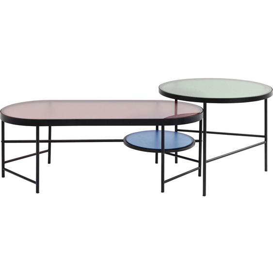 2 tables basses en verre rose, vert, bleu et acier