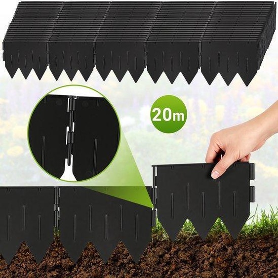 20 mètres de bordure de jardin en plastique, ensemble de 100 pièces, dimensions 20x15 cm, base triangulaire, couleur noire, plastique