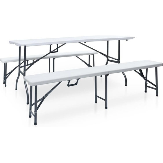 2024 Table de jardin moderne pliante avec 2 bancs 180 cm Acier et PEHD Blanc Ensemble de meubles de jardin Design370173