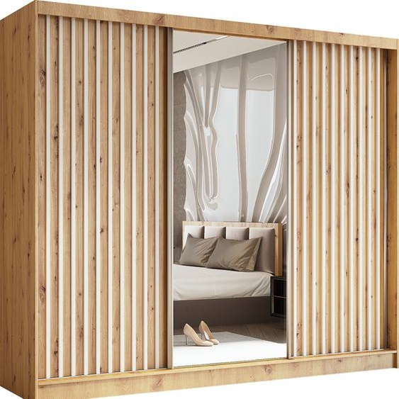 240 cm Armoire Erika avec lamelles et miroir inclus 3 portes coulissantes Armoire à portes coulissantes Tringle à vêtements Livraison à domicile (Couleur : Artisan, Artisan, Lamelle blanc)