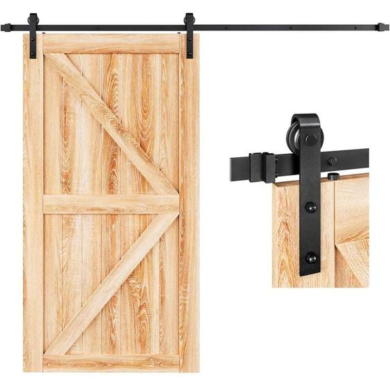 244 cm/8 FT Kit Rail Porte Coulissante de Grange Système de Porte Coulissante Suspendue , Kit de Rail pour Porte Coulissante, Rail + 2 Roulette, Noir