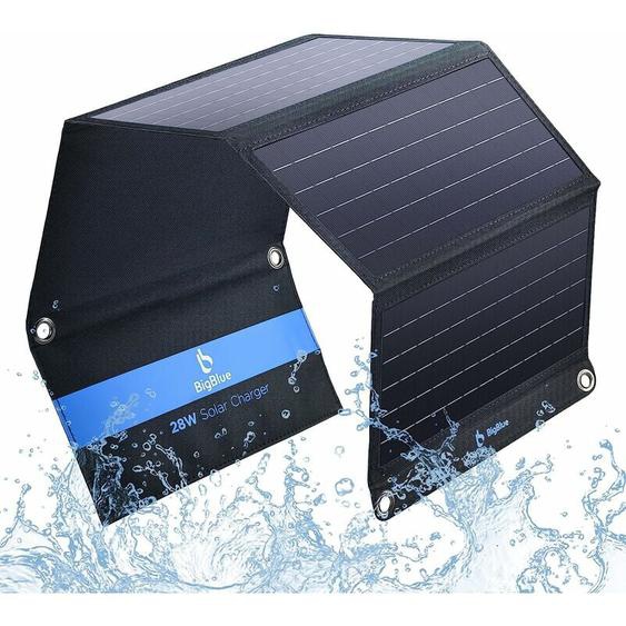 Bigblue - 28W Chargeur Solaire Pliable avec 3 usb Ports(5V/4,8A au Total) Panneau Solaire Portable et Imperméable + 4 Crochets en Acier Compatible