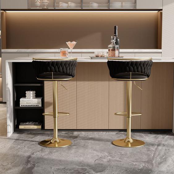 2pcs chaises de bar en velours noir, dossier tissé rond, pieds dorés, avec support et repose-pieds, pour restaurant ou bar