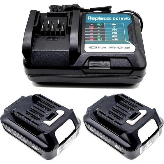 Powerwings - 2X Batterie & Chargeur Pour Makita 10,8V 12V 2,0Ah BL1021B BL1041B BL1020B BL1040B BL1016 BL1015 Modèle de chargeur DC10WD DC10SB DC10WC