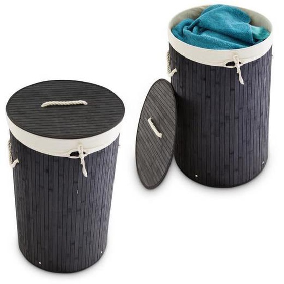 2x Panier à linge bambou, corbeille linge pliante, 70 L, sac intérieur coton, 65 x 49,5 x 37 cm, noir
