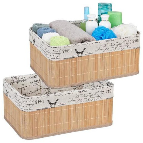 2x Paniers, revêtement en tissu, bambou, rectangulaire, corbeille, panier salle de bain 16,5x38x28,5 cm, nature