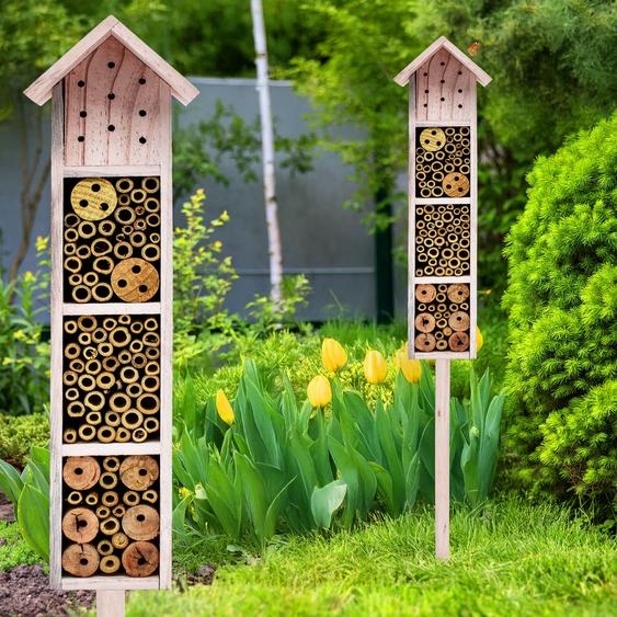 3.07 Hôtel pour insectes avec piquet de terre en beige - hauteur totale 78 cm - petite maison en bois pour insectes (petite - beige)