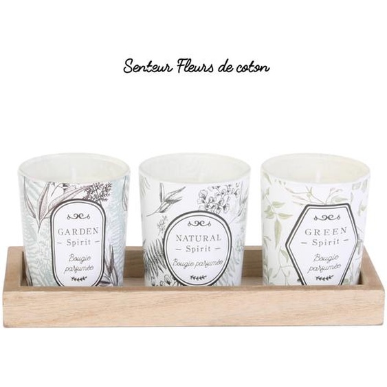 3 Bougies Parfumées Avec Présentoir Bois, Senteur Coton -