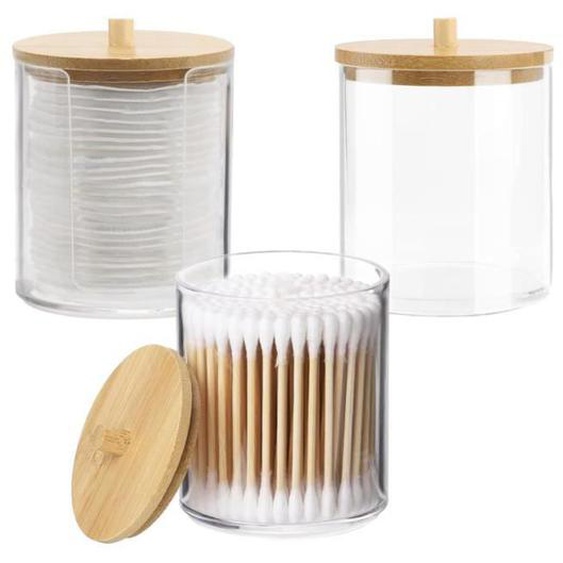 3 Pièces Distributeur Boite Coton Tige en acrylique, Rangement Coton avec Couvercle en Bambou, étanche poussière et à lhumidité
