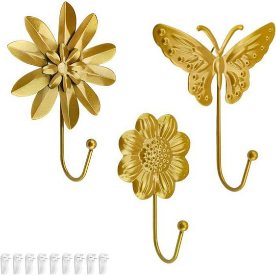 3 Pièces Patère Murale Doré,Patere Murale Forme de Fleur et de Papillon,Crochet Mural Vintage Decoration,Patere Porte pour Chambre
