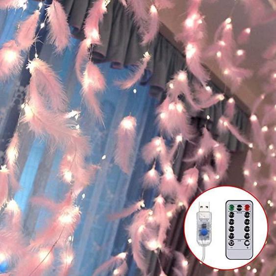 300 LED Rose Plumes Fée Guirlande Lumineuse avec 8 Modes de Lumière Télécommande Romantique Mur Rideau Décoration,Rose