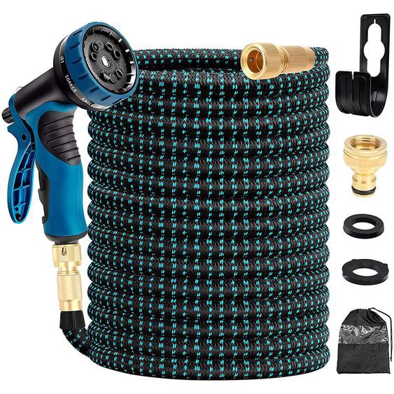 Bleosan - 30m Tuyau Arrosage Extensible Bleu 100ft Tuyau Darrosage Retractable avec Support et Pistolet Arrosage 9 Fonctions Raccords en Laiton