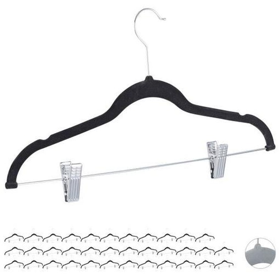 36x Cintres en velours, pinces, clips, manteaux, pantalons, robes, vêtements, crochet 360°, 43 cm, antidérapant, noir