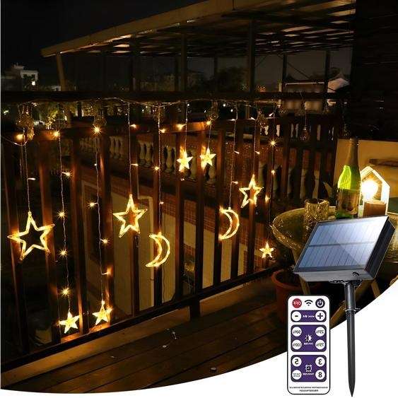 3M Chaîne lumineuse solaire extérieure LED Lunes Rideau de lumières Rideau détoiles étanche Outdoor Intérieur Décoration, Blanc chaud