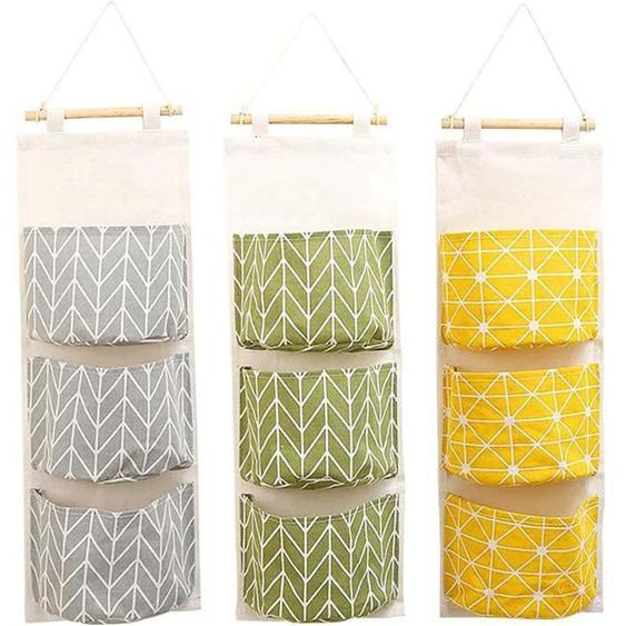 3pcs Sac de Rangement Suspendu Mignon en Tissu de Lin Derrière Porte Murale Pliable pour Ranger Petits Choses dans lEntrée Jouets