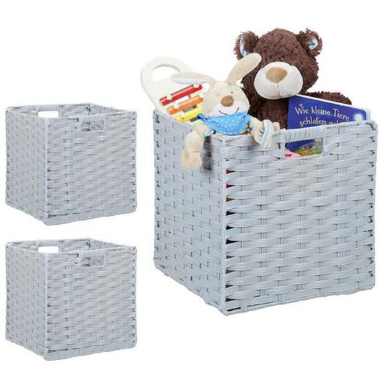 3x corbeilles de rangement plastique tressé, Panier poignée étagère Organiseur vintage, salle de bain, 31x32x30 cm, gris