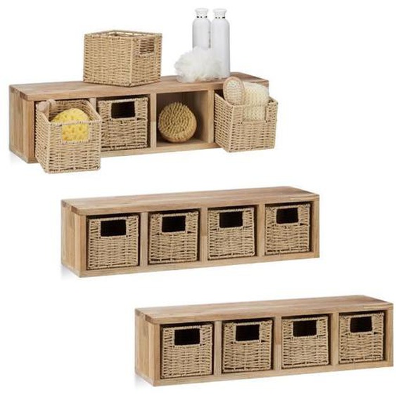 3x Etageres cube rangement, 12 paniers amovibles, corbeille bois noyer couloir chambre cuisine montage mural, nature