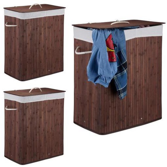 3x Corbeilles à linge bambou, Paniers à linge 2 compartiments, coffres pliables couvercle 95 l, bacs à linge, marron